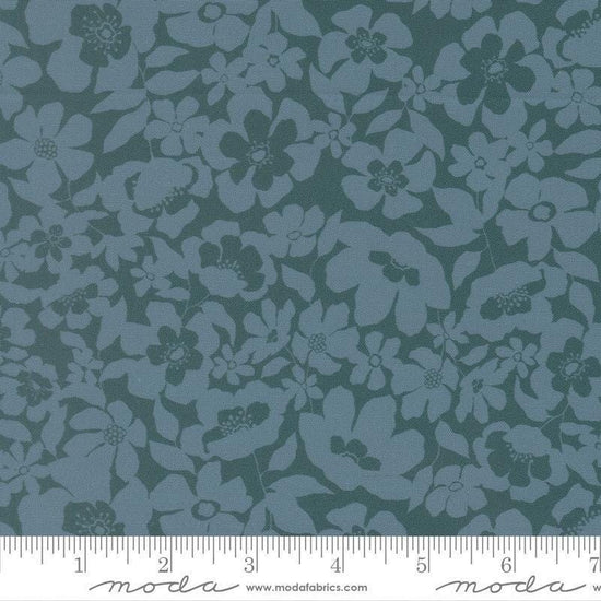 Image of Feather and Forest Bloom Floral Fusion Azure quilting cotton fabric by Linn Warme for Moda Fabrics. Features flowers on a blue background. Cute Little Fabric Shop.