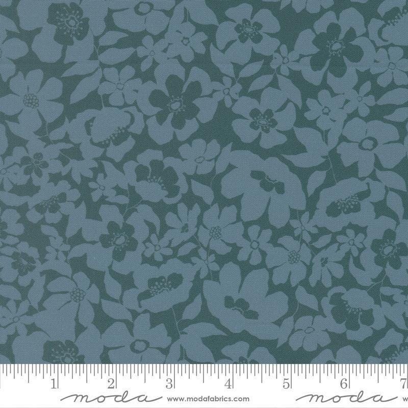 Image of Feather and Forest Bloom Floral Fusion Azure quilting cotton fabric by Linn Warme for Moda Fabrics. Features flowers on a blue background. Cute Little Fabric Shop.