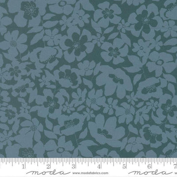 Image of Feather and Forest Bloom Floral Fusion Azure quilting cotton fabric by Linn Warme for Moda Fabrics. Features flowers on a blue background. Cute Little Fabric Shop.