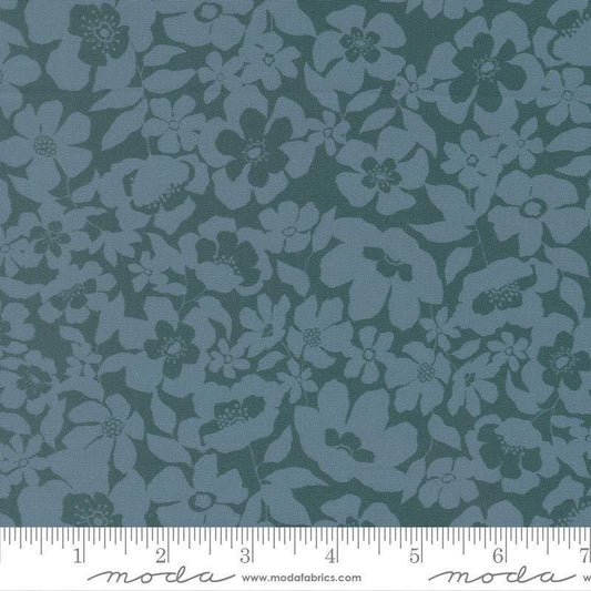 Image of Feather and Forest Bloom Floral Fusion Azure quilting cotton fabric by Linn Warme for Moda Fabrics. Features flowers on a blue background. Cute Little Fabric Shop.