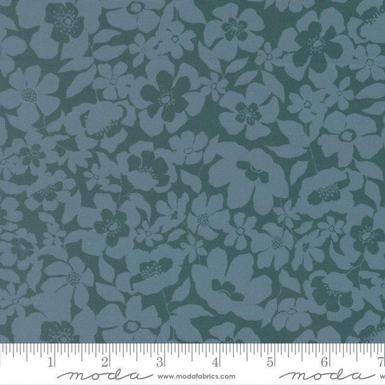 Image of Feather and Forest Bloom Floral Fusion Azure quilting cotton fabric by Linn Warme for Moda Fabrics. Features flowers on a blue background. Cute Little Fabric Shop.