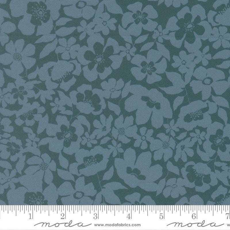 Image of Feather and Forest Bloom Floral Fusion Azure quilting cotton fabric by Linn Warme for Moda Fabrics. Features flowers on a blue background. Cute Little Fabric Shop.