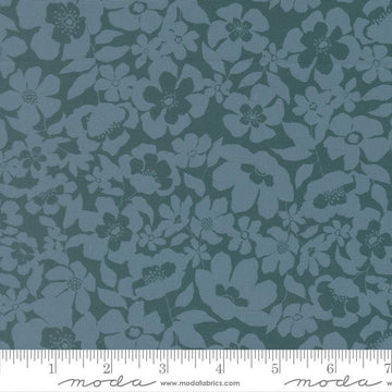 Image of Feather and Forest Bloom Floral Fusion Azure quilting cotton fabric by Linn Warme for Moda Fabrics. Features flowers on a blue background. Cute Little Fabric Shop.