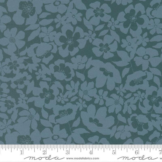 Image of Feather and Forest Bloom Floral Fusion Azure quilting cotton fabric by Linn Warme for Moda Fabrics. Features flowers on a blue background. Cute Little Fabric Shop.