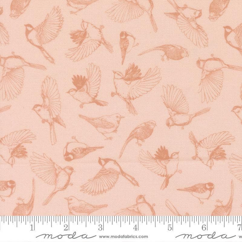 Image of Feather and Forest Bloom Flock of Feathers Petal quilting cotton fabric by Linn Warme for Moda Fabrics. Features birds on a pink background. Cute Little Fabric Shop.