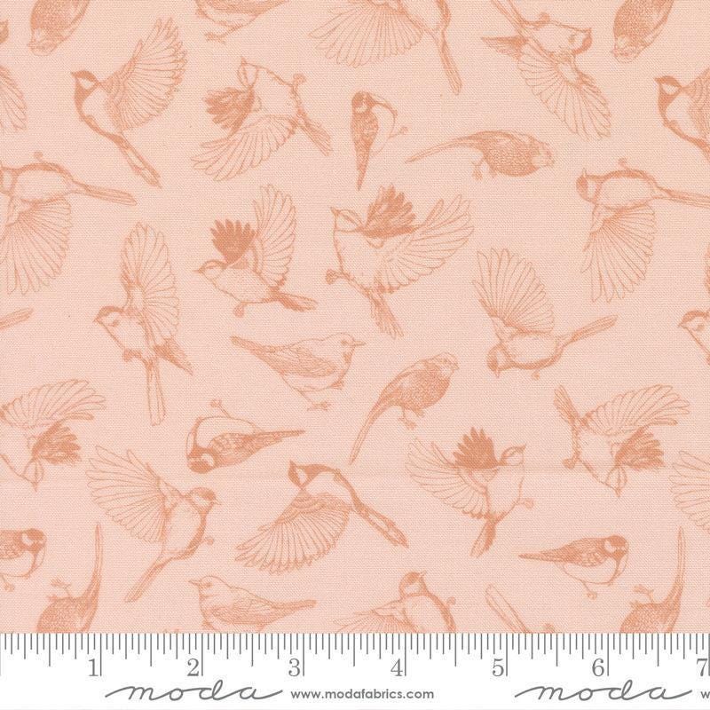 Image of Feather and Forest Bloom Flock of Feathers Petal quilting cotton fabric by Linn Warme for Moda Fabrics. Features birds on a pink background. Cute Little Fabric Shop.