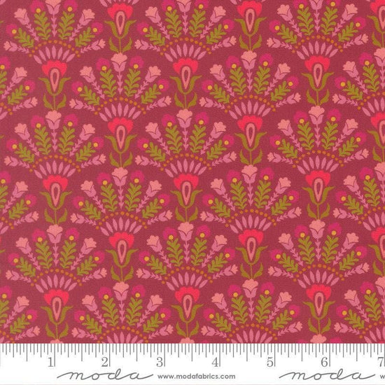 Image of Sitara Opaline Rose Wine quilting cotton fabric by Crystal Manning for Moda Fabrics. Features flowers on a pink background. Cute Little Fabric Shop.