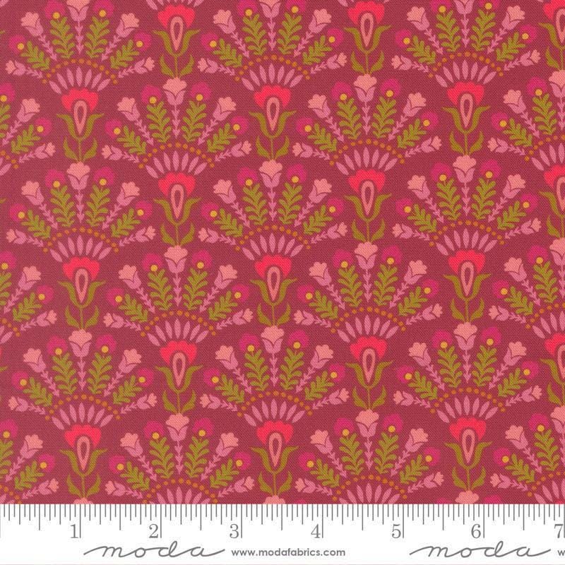 Image of Sitara Opaline Rose Wine quilting cotton fabric by Crystal Manning for Moda Fabrics. Features flowers on a pink background. Cute Little Fabric Shop.