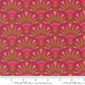 Image of Sitara Opaline Rose Wine quilting cotton fabric by Crystal Manning for Moda Fabrics. Features flowers on a pink background. Cute Little Fabric Shop.