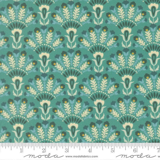 Image of Sitara Opaline Blue Chill quilting cotton fabric by Crystal Manning for Moda Fabrics. Features flowers on a blue background. Cute Little Fabric Shop.