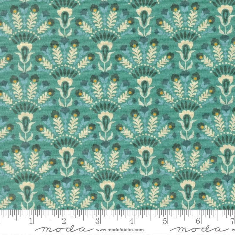 Image of Sitara Opaline Blue Chill quilting cotton fabric by Crystal Manning for Moda Fabrics. Features flowers on a blue background. Cute Little Fabric Shop.