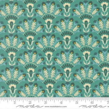 Image of Sitara Opaline Blue Chill quilting cotton fabric by Crystal Manning for Moda Fabrics. Features flowers on a blue background. Cute Little Fabric Shop.