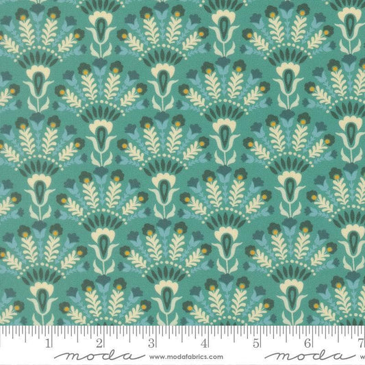 Image of Sitara Opaline Blue Chill quilting cotton fabric by Crystal Manning for Moda Fabrics. Features flowers on a blue background. Cute Little Fabric Shop.