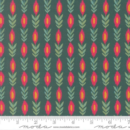 Image of Sitara Vines Dark Teal quilting cotton fabric by Crystal Manning for Moda Fabrics. Features flowers on a blue background. Cute Little Fabric Shop.