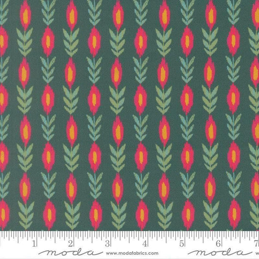 Image of Sitara Vines Dark Teal quilting cotton fabric by Crystal Manning for Moda Fabrics. Features flowers on a blue background. Cute Little Fabric Shop.