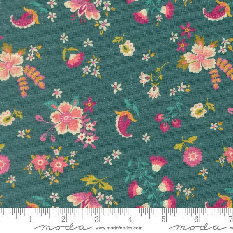 Image of Sitara Davina Dark Teal quilting cotton fabric by Crystal Manning for Moda Fabrics. Features flowers on a blue background. Cute Little Fabric Shop.