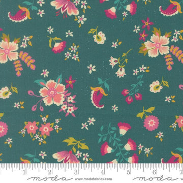 Image of Sitara Davina Dark Teal quilting cotton fabric by Crystal Manning for Moda Fabrics. Features flowers on a blue background. Cute Little Fabric Shop.