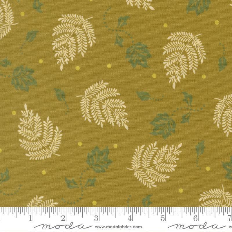 Image of Sitara Paisley Leaf Olive quilting cotton fabric by Crystal Manning for Moda Fabrics. Features leaves on a green background. Cute Little Fabric Shop.