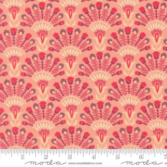 Image of Sitara Opaline Petal quilting cotton fabric by Crystal Manning for Moda Fabrics. Features flowers on a pink background. Cute Little Fabric Shop.