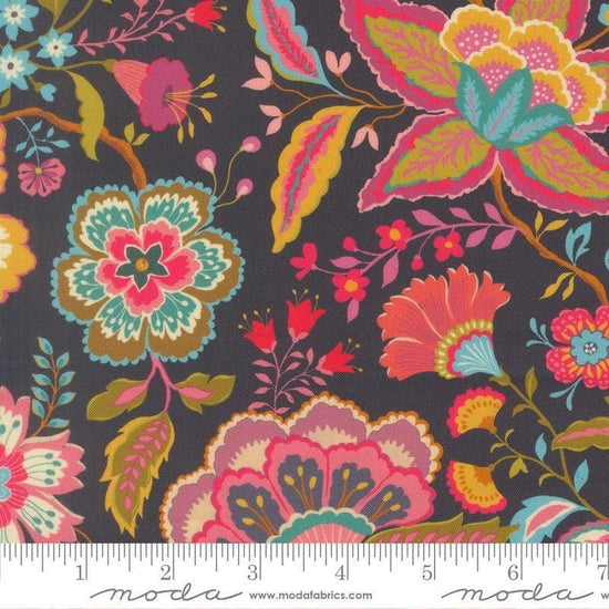 Image of Sitara Jasmine Midnight quilting cotton fabric by Crystal Manning for Moda Fabrics. Features flowers on a blue background. Cute Little Fabric Shop.