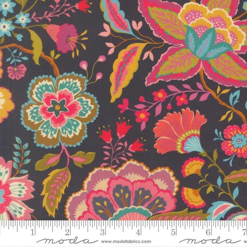Image of Sitara Jasmine Midnight quilting cotton fabric by Crystal Manning for Moda Fabrics. Features flowers on a blue background. Cute Little Fabric Shop.