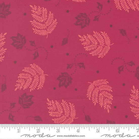 Image of Sitara Paisley Pomegranate quilting cotton fabric by Crystal Manning for Moda Fabrics. Features leaves on a pink background. Cute Little Fabric Shop.