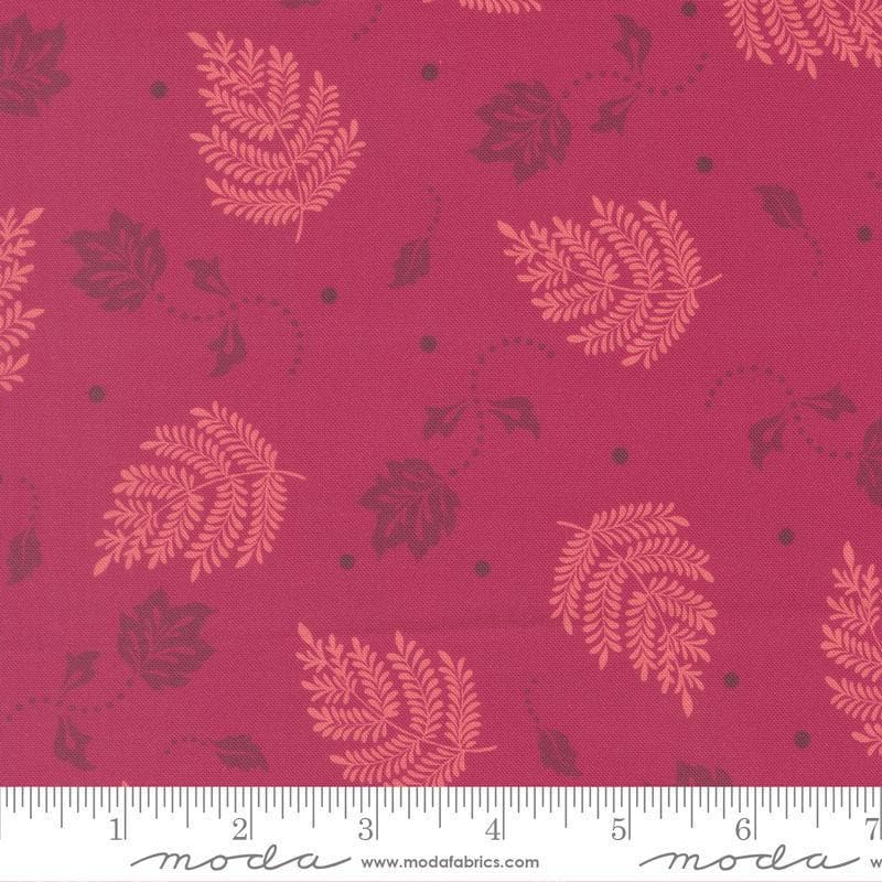 Image of Sitara Paisley Pomegranate quilting cotton fabric by Crystal Manning for Moda Fabrics. Features leaves on a pink background. Cute Little Fabric Shop.