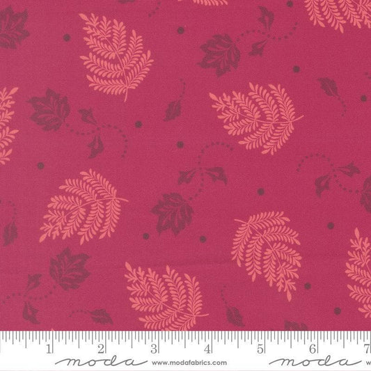 Image of Sitara Paisley Pomegranate quilting cotton fabric by Crystal Manning for Moda Fabrics. Features leaves on a pink background. Cute Little Fabric Shop.