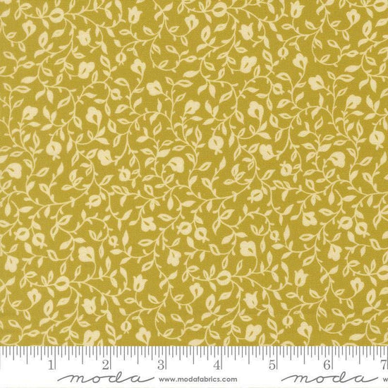 Image of Sitara Affinity Pesto quilting cotton fabric by Crystal Manning for Moda Fabrics. Features flowers on a green background. Cute Little Fabric Shop.