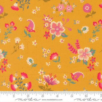 Image of Sitara Davina Dijon quilting cotton fabric by Crystal Manning for Moda Fabrics. Features flowers on a yellow background. Cute Little Fabric Shop.