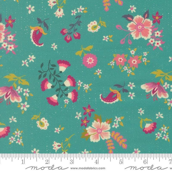 Image of Sitara Davina Blue Chill quilting cotton fabric by Crystal Manning for Moda Fabrics. Features flowers on a blue background. Cute Little Fabric Shop.