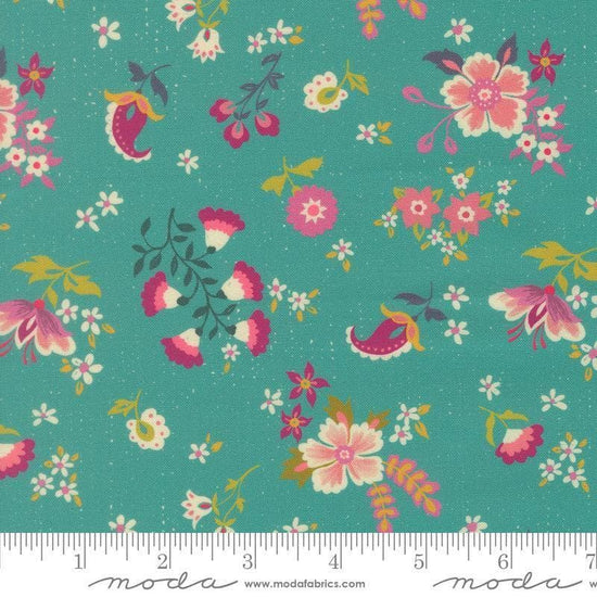 Image of Sitara Davina Blue Chill quilting cotton fabric by Crystal Manning for Moda Fabrics. Features flowers on a blue background. Cute Little Fabric Shop.