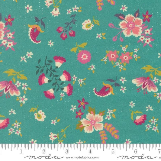 Image of Sitara Davina Blue Chill quilting cotton fabric by Crystal Manning for Moda Fabrics. Features flowers on a blue background. Cute Little Fabric Shop.