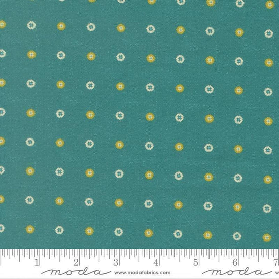 Image of Sitara Floret Lagoon quilting cotton fabric by Crystal Manning for Moda Fabrics. Features polka dots on a blue background. Cute Little Fabric Shop.