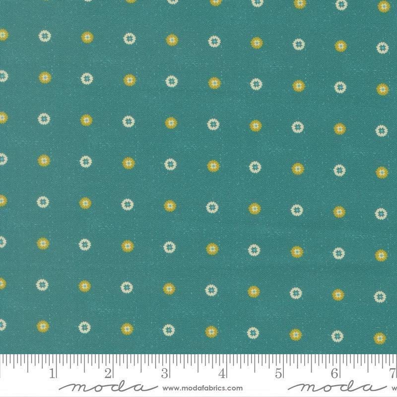 Image of Sitara Floret Lagoon quilting cotton fabric by Crystal Manning for Moda Fabrics. Features polka dots on a blue background. Cute Little Fabric Shop.