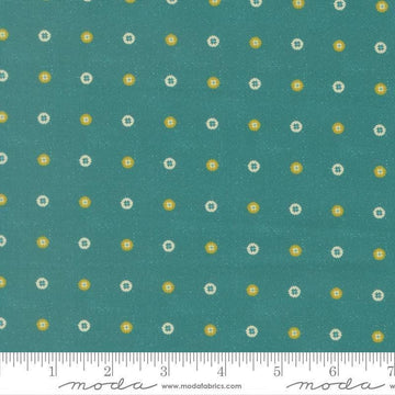 Image of Sitara Floret Lagoon quilting cotton fabric by Crystal Manning for Moda Fabrics. Features polka dots on a blue background. Cute Little Fabric Shop.