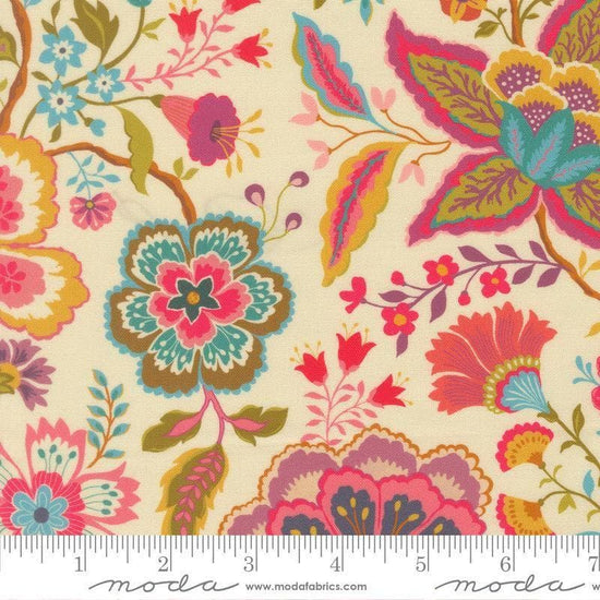 Image of Sitara Jasmine Cream quilting cotton fabric by Crystal Manning for Moda Fabrics. Features flowers on a cream background. Cute Little Fabric Shop.