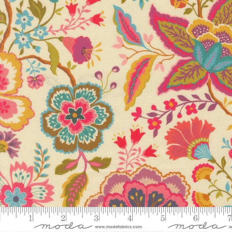 Image of Sitara Jasmine Cream quilting cotton fabric by Crystal Manning for Moda Fabrics. Features flowers on a cream background. Cute Little Fabric Shop.