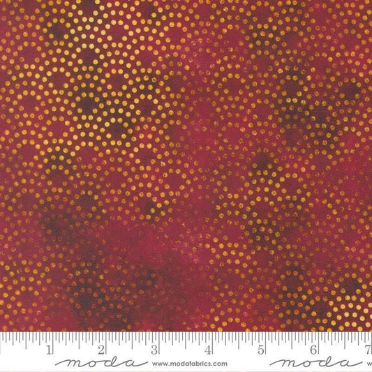 Image of Tranquil Patina Drishti Dot Burgundy quilting cotton fabric by Debbie Maddy for Moda Fabrics. Features dots on a red background. Cute Little Fabric Shop.