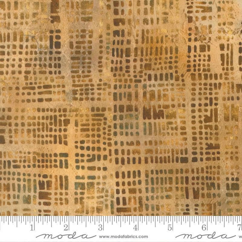 Image of Tranquil Patina Luminary Stack Golden quilting cotton fabric by Debbie Maddy for Moda Fabrics. Features a geometric pattern on a yellow background. Cute Little Fabric Shop.