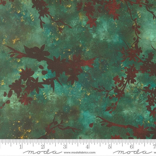 Image of Tranquil Patina Zen Blossoms Teal quilting cotton fabric by Debbie Maddy for Moda Fabrics. Features flowers on a blue background. Cute Little Fabric Shop.