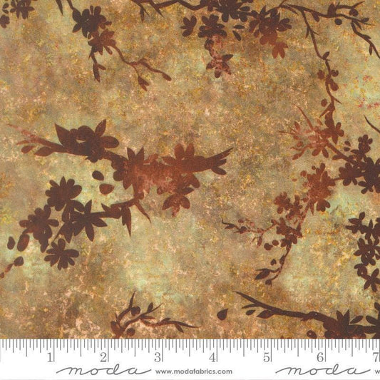Image of Tranquil Patina Zen Blossoms Golden quilting cotton fabric by Debbie Maddy for Moda Fabrics. Features flowers on a gold background. Cute Little Fabric Shop.