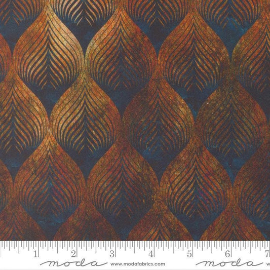 Image of Tranquil Patina Calm Effects Copper quilting cotton fabric by Debbie Maddy for Moda Fabrics. Features leaves on a brown and blue background. Cute Little Fabric Shop.