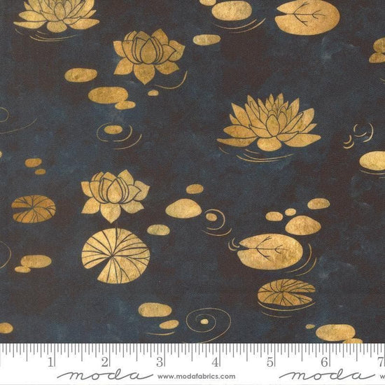 Image of Tranquil Patina Drifting Waters Midnight quilting cotton fabric by Debbie Maddy for Moda Fabrics. Features pond flowers on a blue background. Cute Little Fabric Shop.
