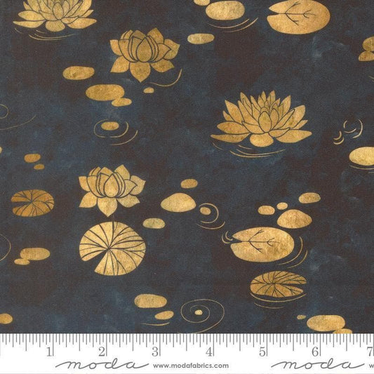 Image of Tranquil Patina Drifting Waters Midnight quilting cotton fabric by Debbie Maddy for Moda Fabrics. Features pond flowers on a blue background. Cute Little Fabric Shop.