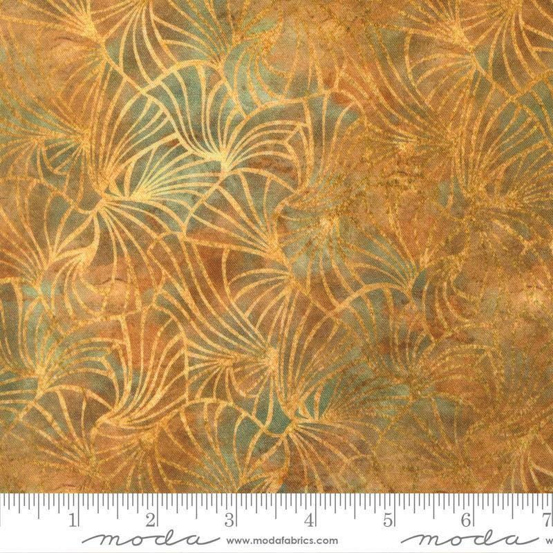 Image of Tranquil Patina Vinyasa Golden quilting cotton fabric by Debbie Maddy for Moda Fabrics. Features an abstract pattern on a yellow background. Cute Little Fabric Shop.