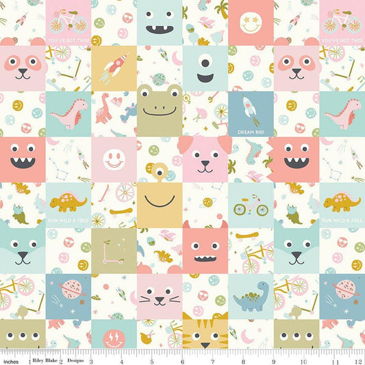 Image of Brave Your Way Cheater Print Petal quilting cotton fabric by Cayla Naylor for Riley Blake Designs. Features monsters on a white background. Cute Little Fabric Shop.