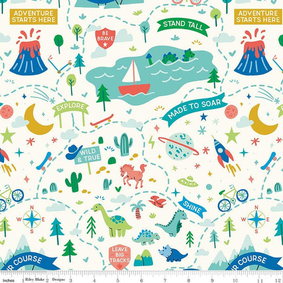Image of Brave Your Way Adventure Awaits Cloud quilting cotton fabric by Cayla Naylor for Riley Blake Designs. Features a theme park on a white background. Cute Little Fabric Shop.