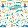 Image of Brave Your Way Adventure Awaits Cloud quilting cotton fabric by Cayla Naylor for Riley Blake Designs. Features a theme park on a white background. Cute Little Fabric Shop.
