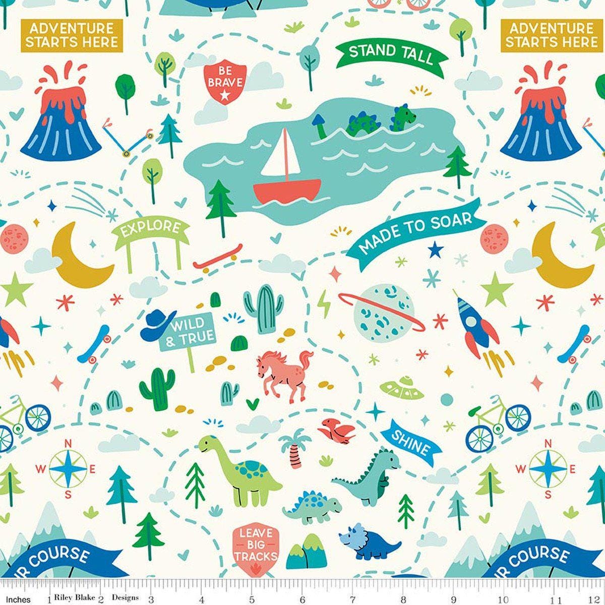 Image of Brave Your Way Adventure Awaits Cloud quilting cotton fabric by Cayla Naylor for Riley Blake Designs. Features a theme park on a white background. Cute Little Fabric Shop.